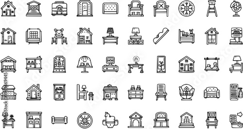 Collection of Home and Furniture Line Art Icons Set - Vector Illustrations for Interior Design, Household Decor, and Building Elements