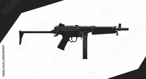 A black and white silhouette of a submachine gun with a collapsible stock