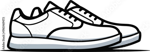 A minimalist graphic illustration of a pair of white athletic shoes with black outlines