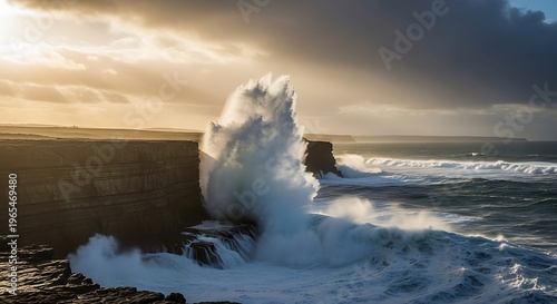 Huge ocean wave crashing against steep rocky cliffs during a dramatic sunset storm