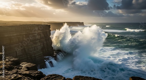 Dramatic Ocean Waves Crashing Against Massive Coastal Limestone Cliffs at Sunset Golden Hour