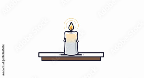 A lit candle with a warm glow sits atop a wooden surface