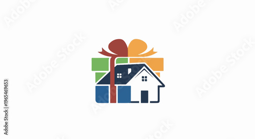 A house shaped like a gift box with colorful wrapping