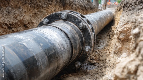 Stunning photo of close up of an underground metal pipe being installed through a bored hole for utility infrastructure.