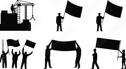 People with flags silhouettes set protest demonstration banner construction crane worker black figures vector illustration collection isolated activity