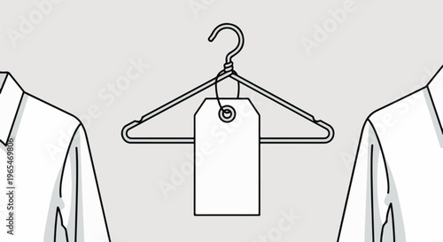 A simple line drawing of a clothes hanger with a price tag between two shirts