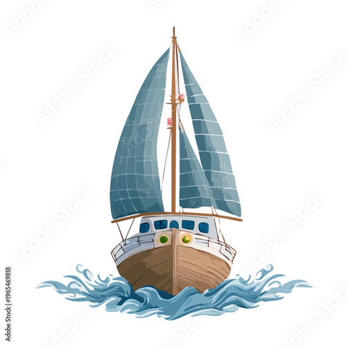 Front view of a sailing yacht on the sea for nautical sports and maritime leisure travel featuring detailed wooden hull and white sails design