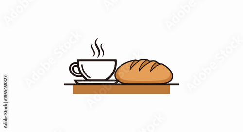 A steaming cup of coffee sits next to a crusty loaf of bread