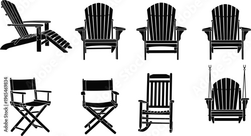 WebAdirondack chair silhouette set featuring porch swing rocking chair and directors chair for patio furniture outdoor living and relaxation concepts,