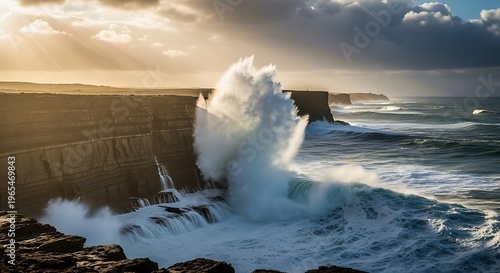 Dramatic ocean waves crashing against rugged coastal cliffs under a sunlit sky, capturing the raw power of nature