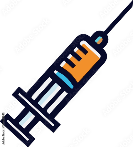 Stylized medical injection device with blue and orange liquid