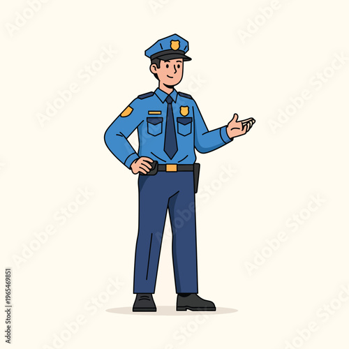 An illustration depicting a law enforcement officer in a blue uniform and cap with a badge, black shoes, tie, and handgun. He gestures with his open right hand