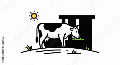 A stylized black and white cow grazes under a yellow sun