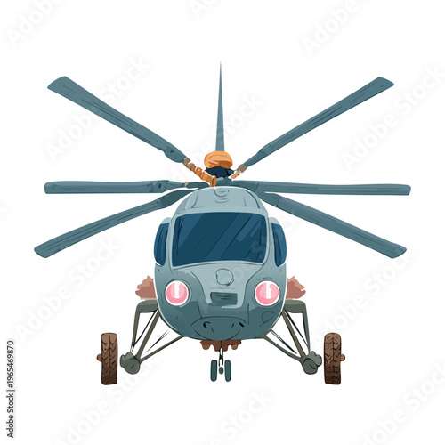 Front perspective of a tactical utility helicopter for military reconnaissance and search and rescue missions featuring dual rotor system and cockpit
