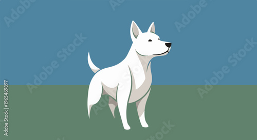 A stylized white dog stands alert on a grassy plain under a blue sky