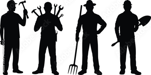Worker silhouettes with hammer wrench tools rake shovel standing poses men vector illustration isolated professional labor set collection