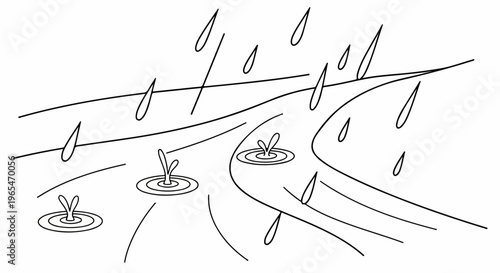 Abstract lines depict rain falling and creating ripples on water surfaces