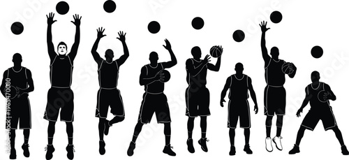 player silhouettes set showing athletes jumping shooting and dribbling in various action 
