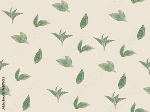 Watercolor Seamless Pattern of Scattered Matcha Green Tea Leaves