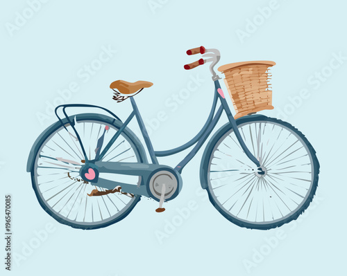 Classic blue bicycle with front basket for urban eco friendly transportation and city leisure cycling featuring vintage design and brown leather seat