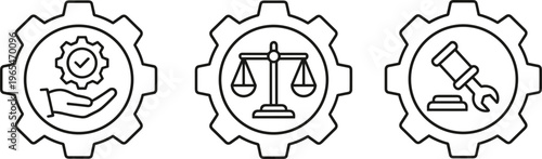 Vector line icon set featuring gears with scales of justice and gavel for industrial law legal compliance labor regulations and manufacturing business ethics concept