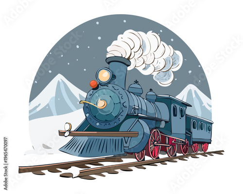 Historical steam train engine in a circular frame with snowy mountain background for vintage railway travel and heritage tourism branding concepts