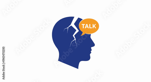 Blue head silhouette with orange speech bubble saying "TALK" on cracked head