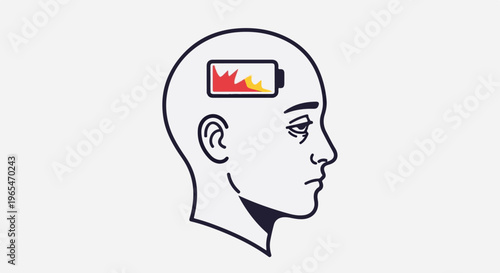 Profile of a head with a low battery inside, symbolizing mental fatigue