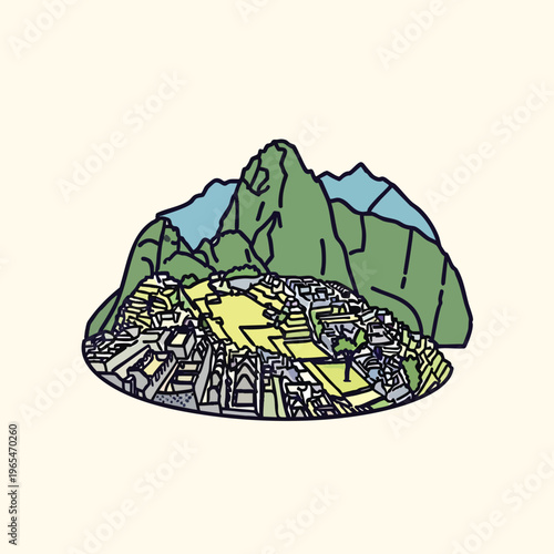 Colorful illustrated line art depicts ancient stone structures, situated beneath green mountains and blue sky, set against a light cream backdrop
