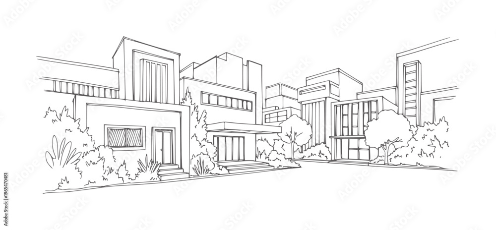Fototapeta premium Black and white of modern buildings with trees and bushes architecture