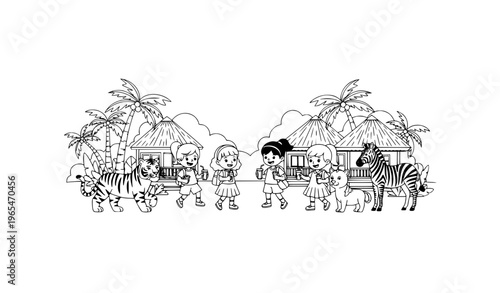 School vacation at tropical resort with kids tiger and zebra black and white flat vector holiday scene