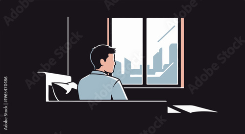 Man in light blue shirt looks out window at city skyline
