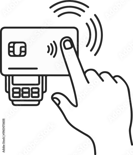 Hand taps credit card to payment terminal, wireless signal radiating