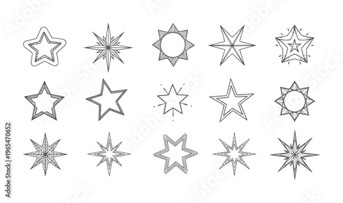 Collection of fifteen hand drawn star shapes with varied point counts and textures