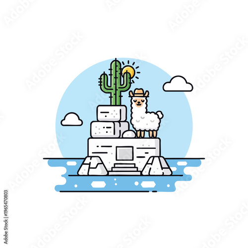 A whimsical illustration depicts a sunlit desert scene. A llama wearing a hat stands atop a stone structure with a cactus, clouds, and a body of water below