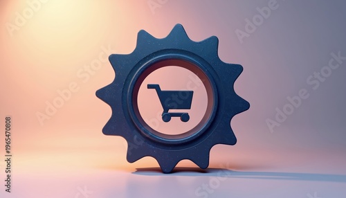 Dark gear with shopping cart symbol inside. Represents e-commerce, retail industry, mechanical operations, online business processes. Suitable for tech concepts, commercial themes, digital services.