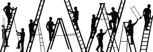 Construction worker silhouettes with ladders climbing working poses builder men vector illustration isolated professional labor activity set collection