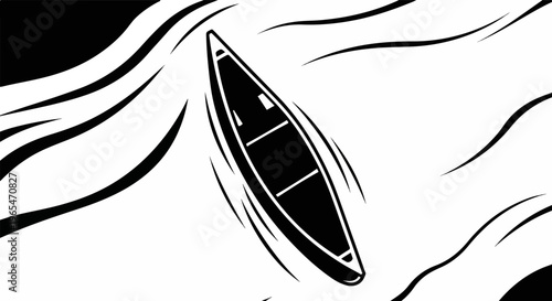 Stylized black and white illustration of a canoe on rippling water