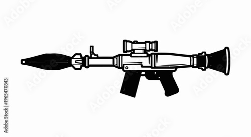Stylized black and white illustration of a projectile weapon with scope