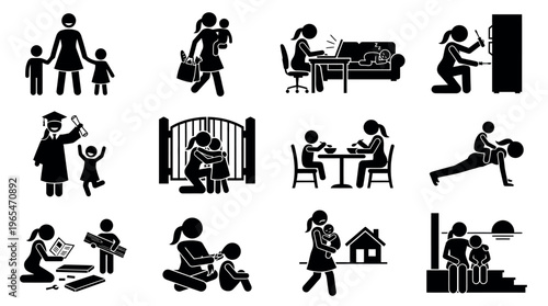 Working Mom Multitasking Life Pictogram Icon Set Showing Parenting Career Household Fitness and Daily Responsibilities