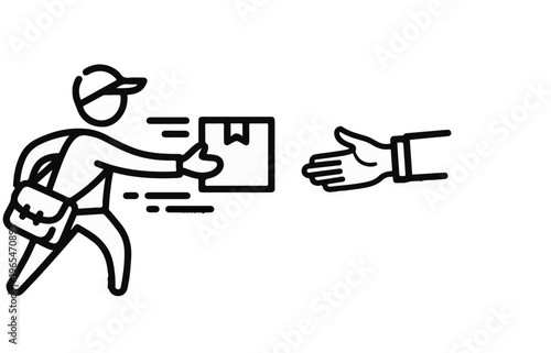 Courier delivers package to outstretched hand, motion lines indicate speed