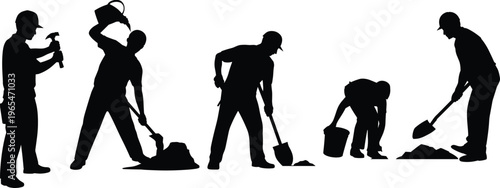 Construction worker silhouettes with shovel digging pouring bucket hammer builder men vector illustration isolated professional labor activity set collection