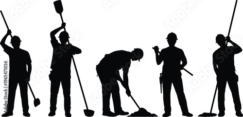 Construction worker silhouettes with shovel digging poses manual labor builder tools black figures vector illustration isolated professional activity set