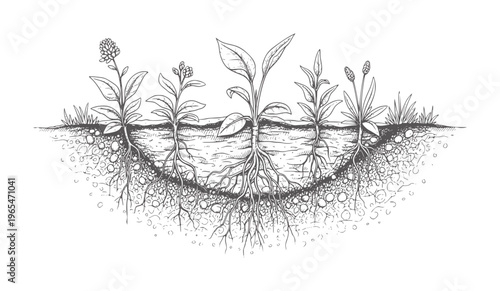 Cross section of plants with visible roots in soil layers