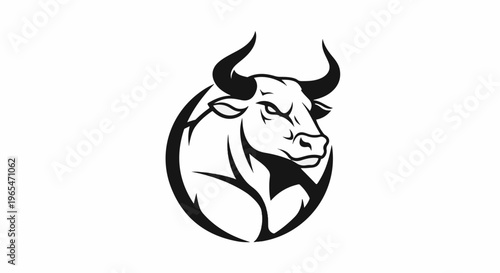 Aggressive bull head with curved horns inside a circular frame