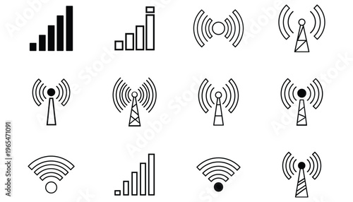 Set of communication and signal icons, including cellular signal strength, wifi, and radio transmission towers