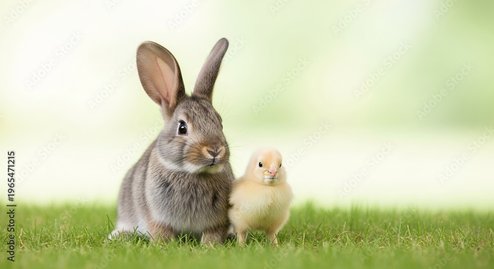 Obraz premium 柔らかな午後の光が降り注ぐ美しい新緑の芝生の上でグレーの毛並みの愛らしい子うさぎと小さな黄色いひよこがそっと寄り添い座る春の穏やかな日差しを感じさせる心温まる可愛らしい瞬間. AI Generated