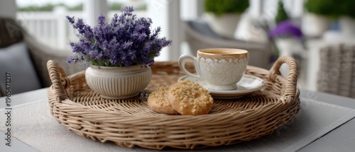 Cozy living room scene with coffee, lavender flowers, and snacks on a wicker tray near a light beige sofa captured with a canon eos r5 camera