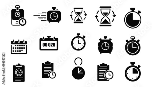 Set of time and clock icons, including stopwatch, calendar, hourglass, timer, deadline, and schedule symbols