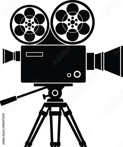 Vintage Movie Camera Silhouette on Tripod Isolated on White Background for Cinema Production Film Industry Studio Equipment Retro Motion Picture and Video Making Concept
